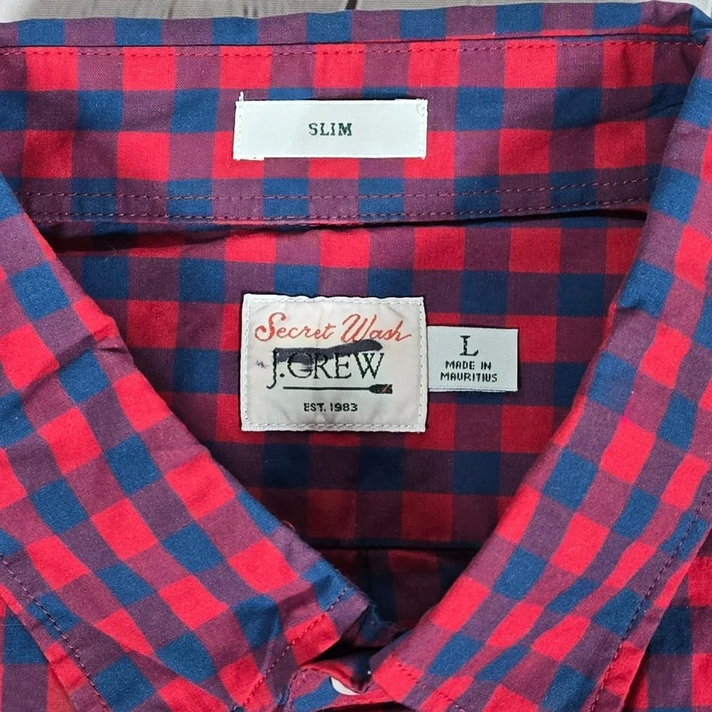 J. Crew Slim Secret Wash cotton poplin shirt L Bleecker‎ Gingham Navy Red NIB